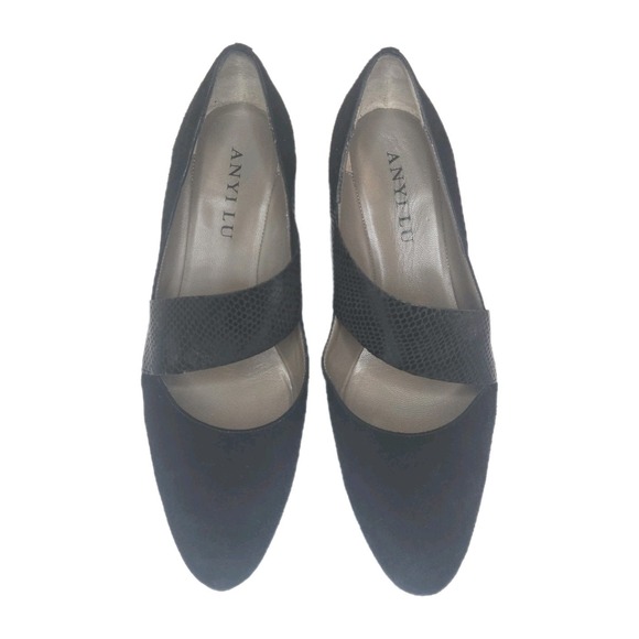 Anyi Lu Katia Shoes Black Suede Wedge Made in Italy Elastic Snakeskin 40 EU 9 US - Picture 1 of 16